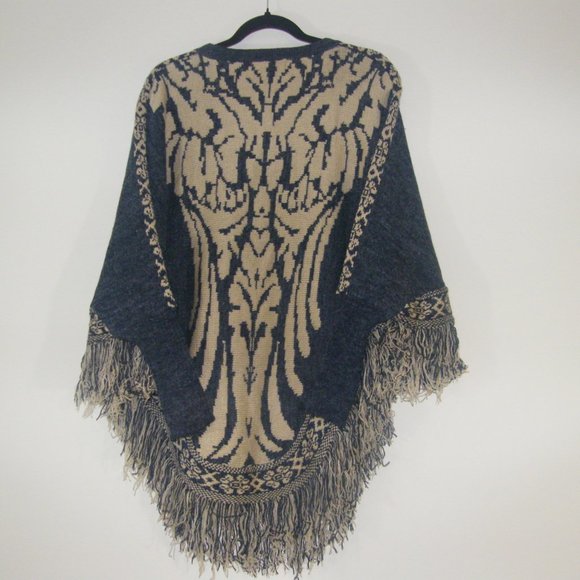 Reversible Knitted Poncho with Fringe - Picture 2 of 2